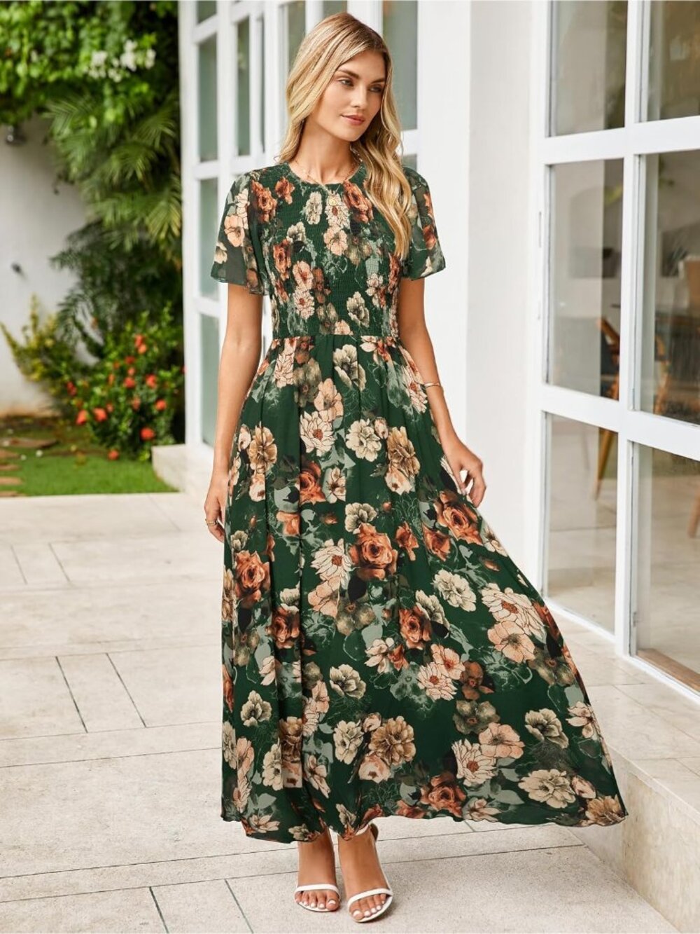 Womens Floral Green Crew Neck Floral Boho Flowy Short Sleeve Cocktail Maxi Dress - Picture 5 of 5